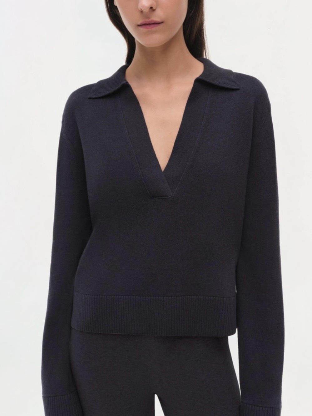 SIMKHAI Long Sleeve Polo Sweater in Midnight